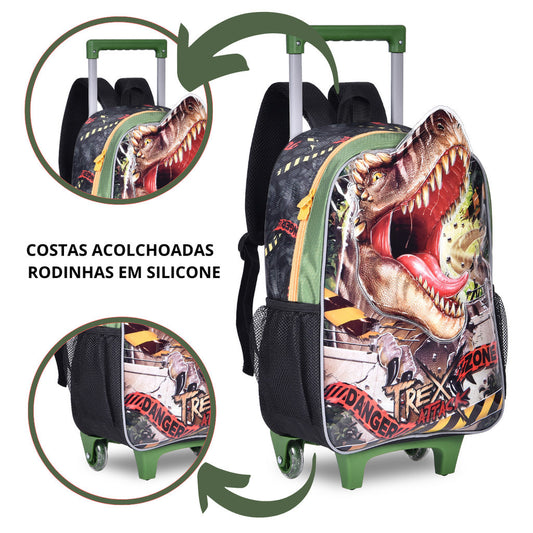 Kit Mochila de Rodinha, Lancheira e Estojo Jurassic Park