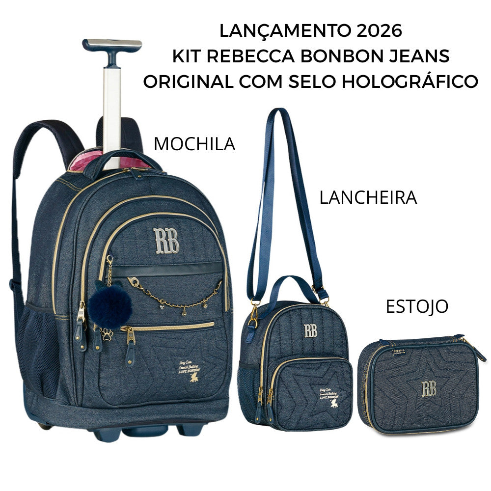 Kit Mochila de Carrinho Rebecca Bonbon Com Estojo E Lancheira Jeans