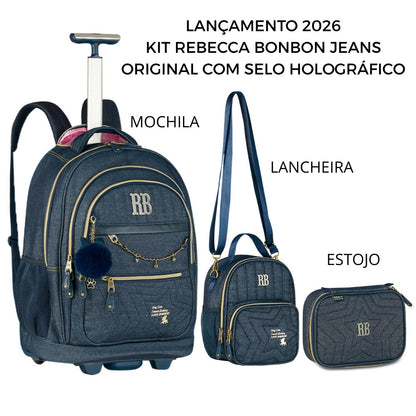 Kit Mochila de Carrinho Rebecca Bonbon Com Estojo E Lancheira Jeans