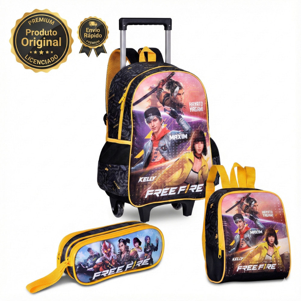 Kit Mochila + Lancheira + Estojo Free Fire Original Licenciada