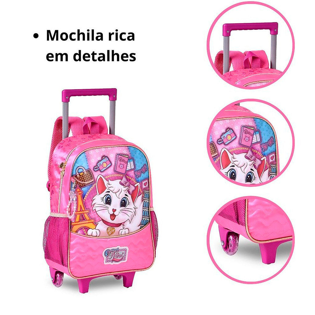 Kit Mochila de Rodinha, Lancheira e Estojo Menina Gatinha Nini