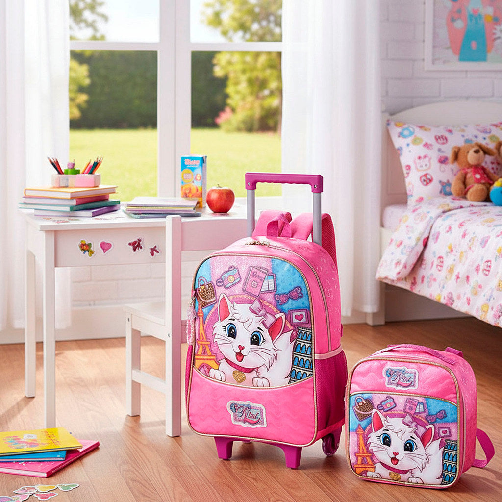 Kit Mochila de Rodinha, Lancheira e Estojo Menina Gatinha Nini