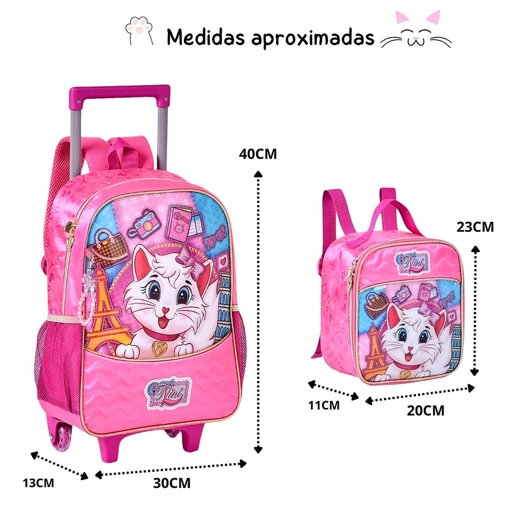 Kit Mochila de Rodinha, Lancheira e Estojo Menina Gatinha Nini