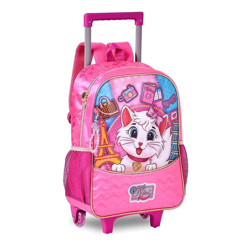 Kit Mochila de Rodinha, Lancheira e Estojo Menina Gatinha Nini