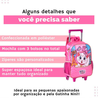 Kit Mochila de Rodinha, Lancheira e Estojo Menina Gatinha Nini