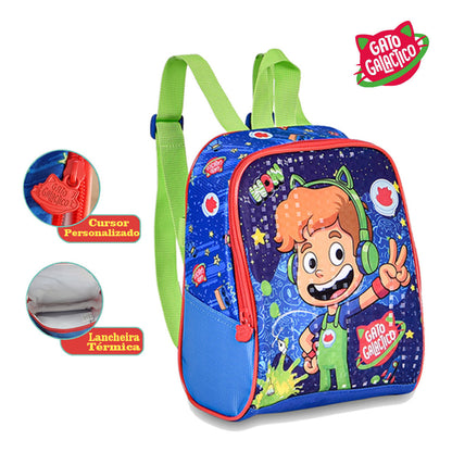 Kit Mochila De Carrinho + Lancheira + Estojo Gato Galatico