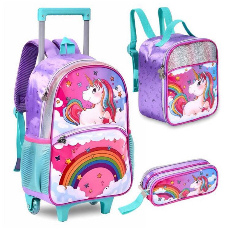 Kit Mochila de rodinha, Lancheira e estojo Unicórnio menina