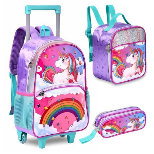 Kit Mochila de rodinha, Lancheira e estojo Unicórnio menina