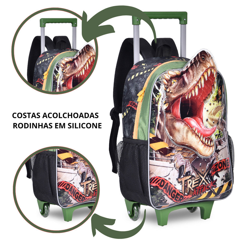 Kit Mochila de Rodinha, Lancheira e Estojo Jurassic Park