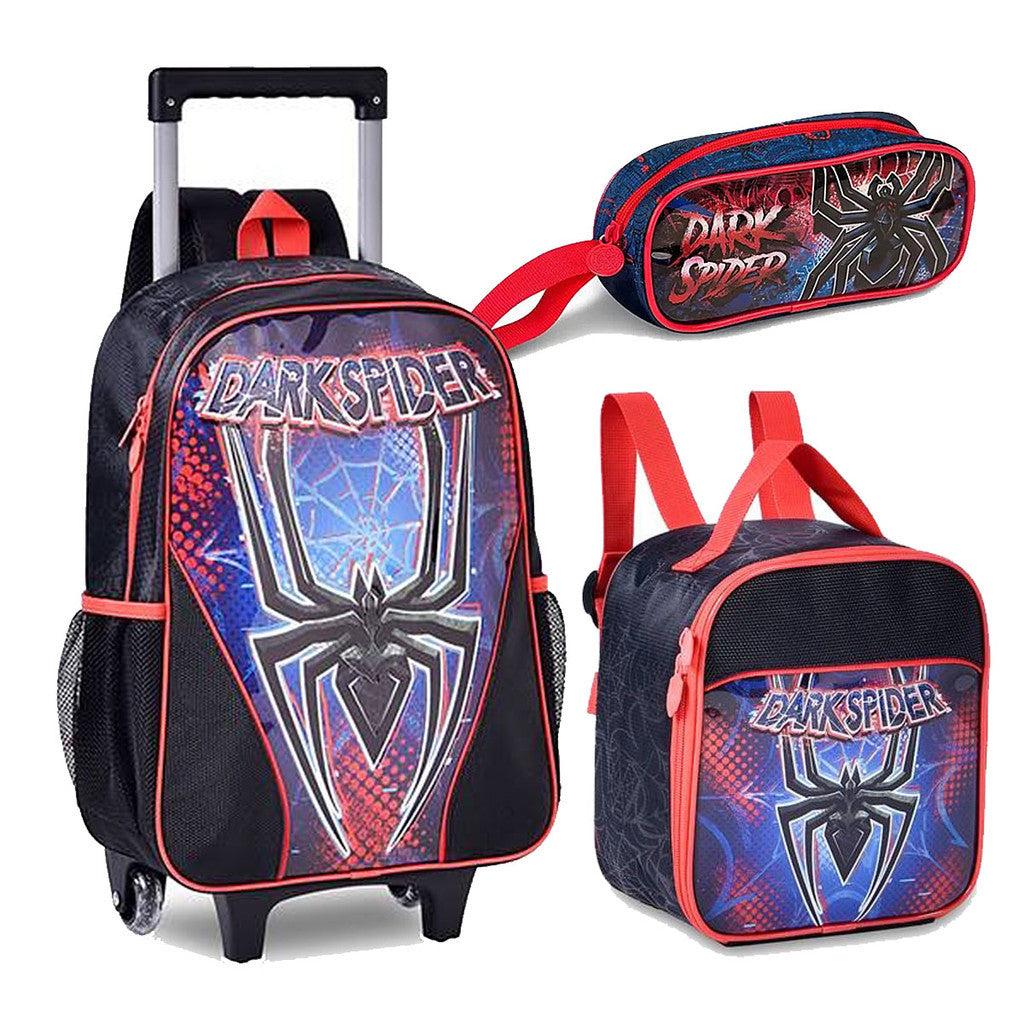 Kit Mochila de Rodinha, Lancheira e Estojo Homem Aranha Spider Dark