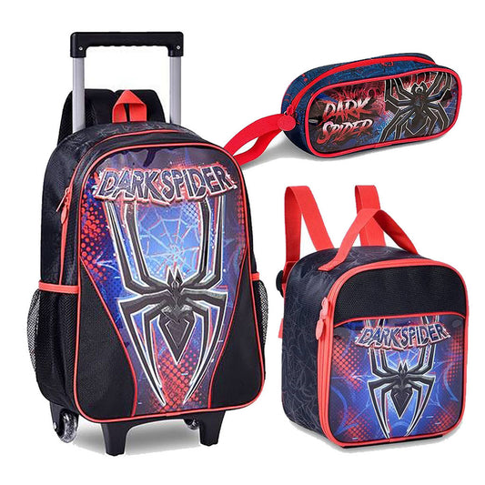 Kit Mochila de Rodinha, Lancheira e Estojo Homem Aranha Spider Dark