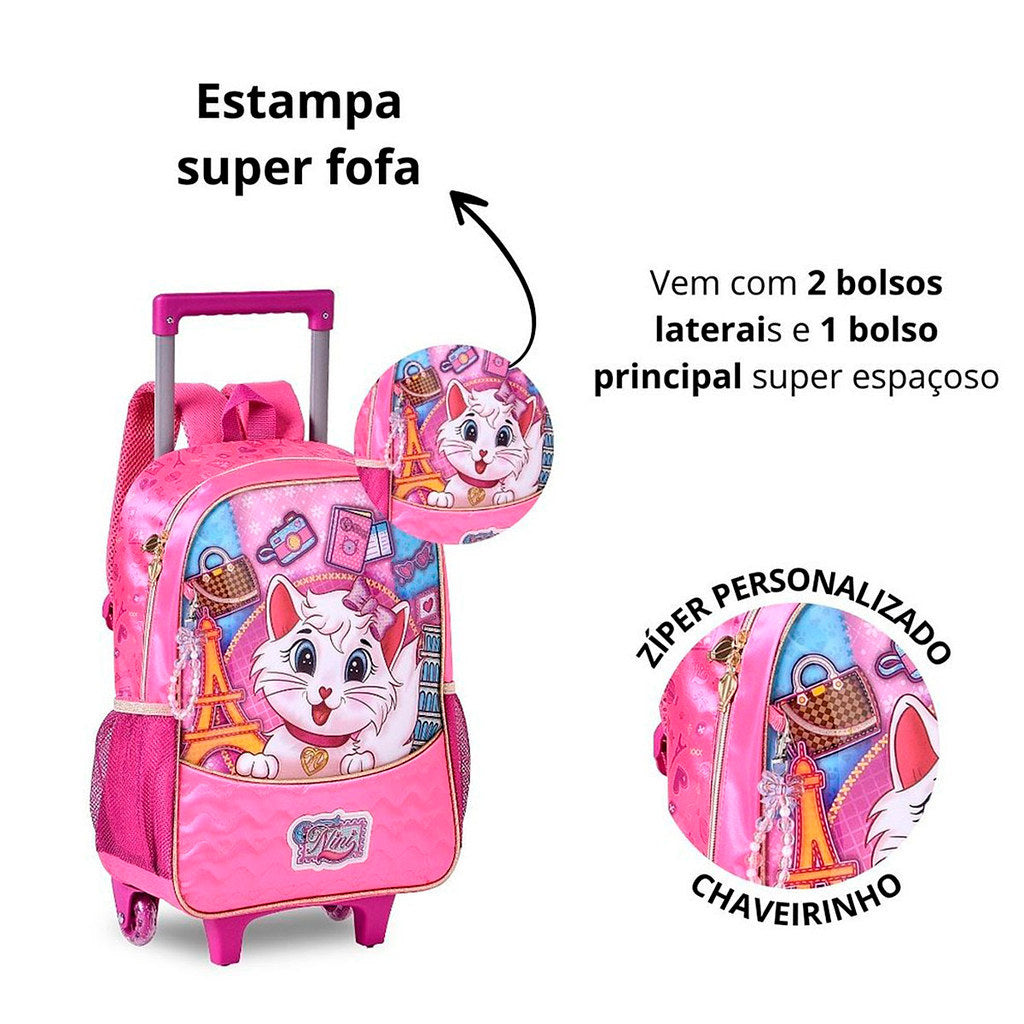 Kit Mochila de Rodinha, Lancheira e Estojo Menina Gatinha Nini