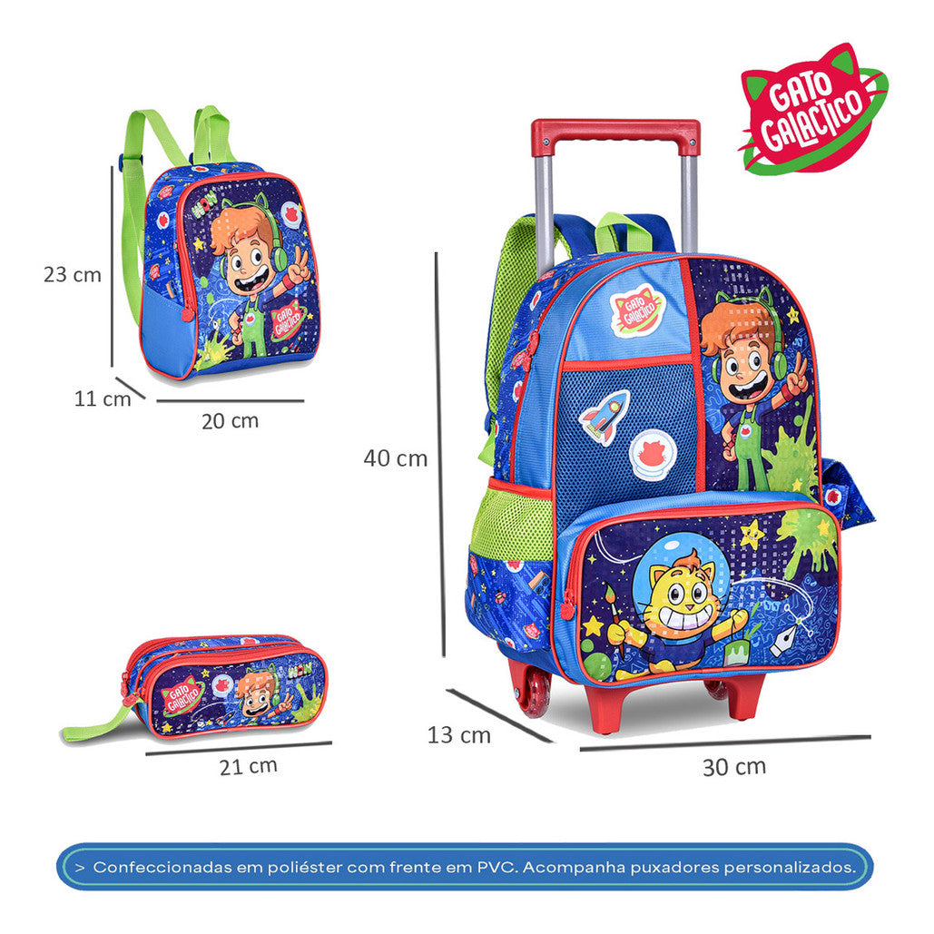 Kit Mochila De Carrinho + Lancheira + Estojo Gato Galatico